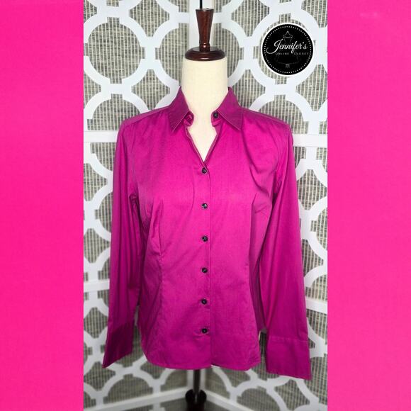 3/$30 Ann Taylor Fuchsia/Hot Pink Collared Button Front Long Sleeve Blouse 10P - Picture 1 of 10